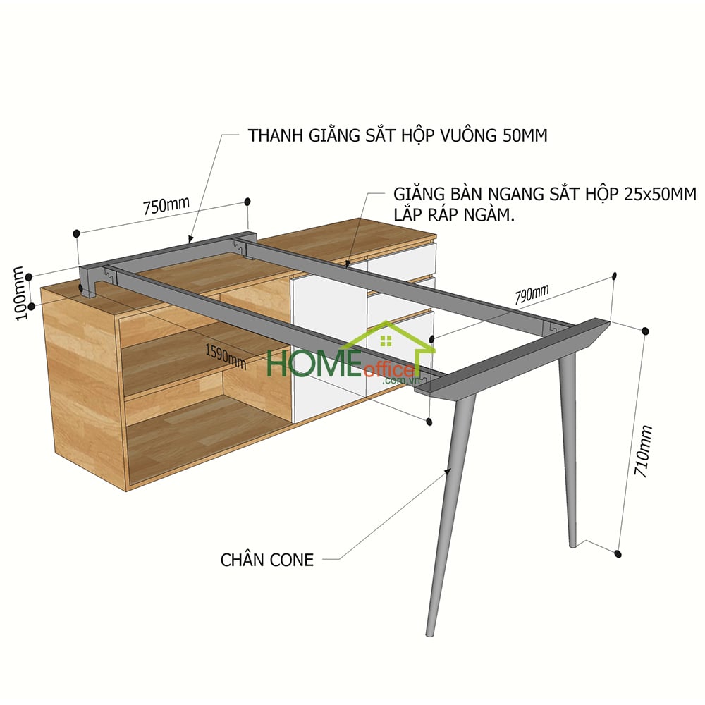 Kích thước chân sắt cho bàn gác tủ