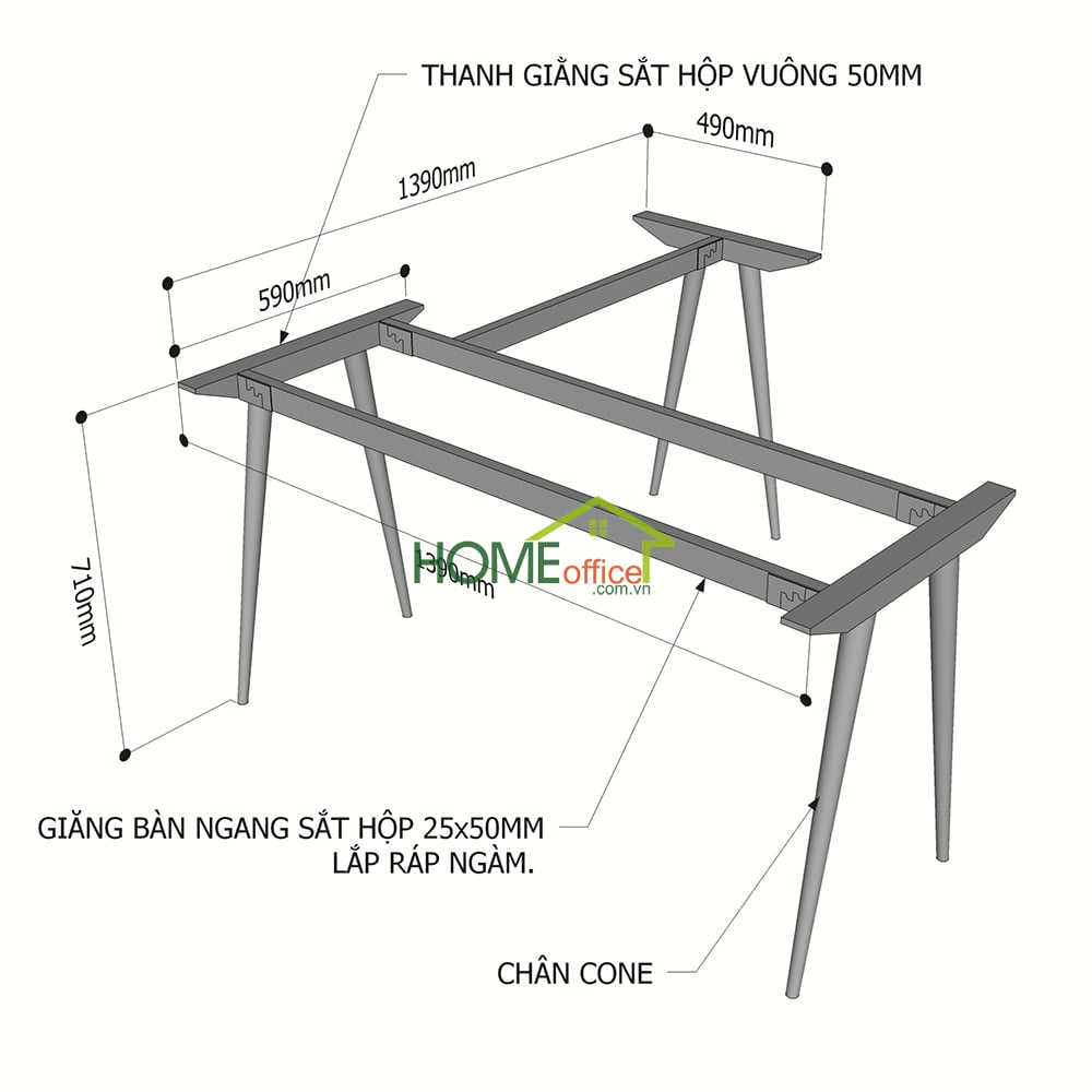Kích thước chân sắt lắp ráp cho bàn chữ L