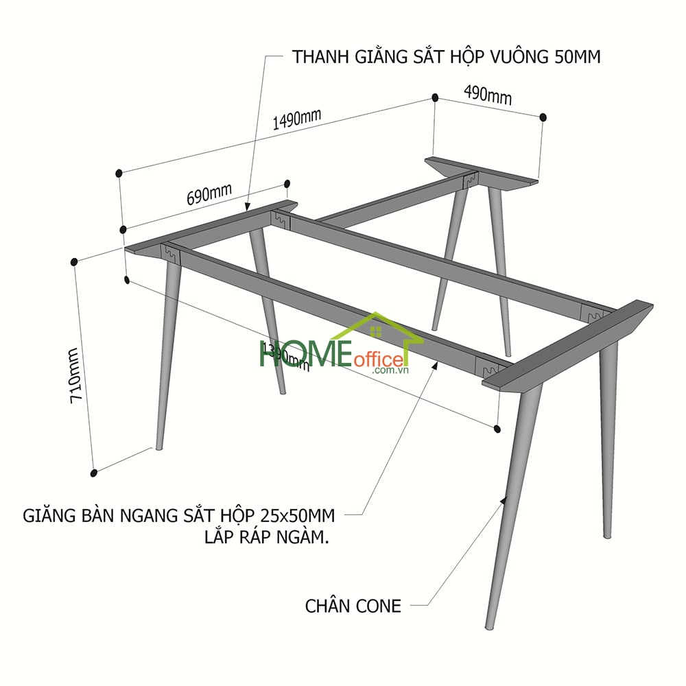 Kích thước chân sắt cho bàn chữ L