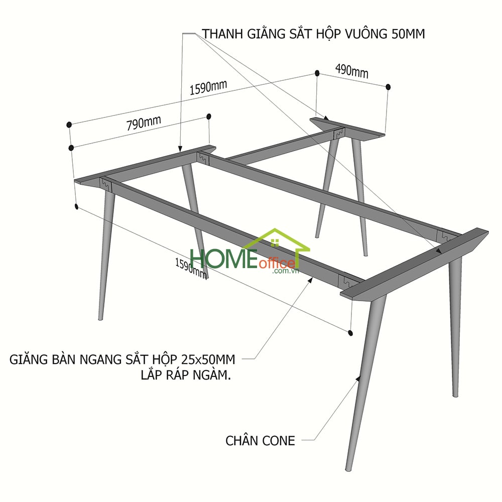 Kích thước chân sắt lắp ráp cho bàn chữ L
