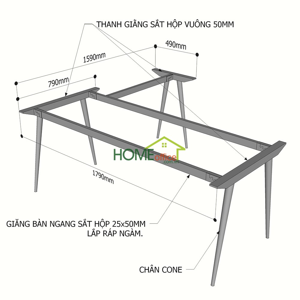 Kích thước chân sắt cho bàn làm việc chữ L 180x160cm