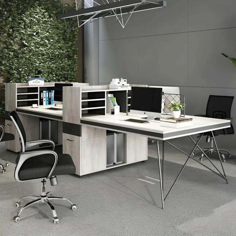 Bàn Làm Việc Chân Sắt 4 Người Liền Tủ Kệ