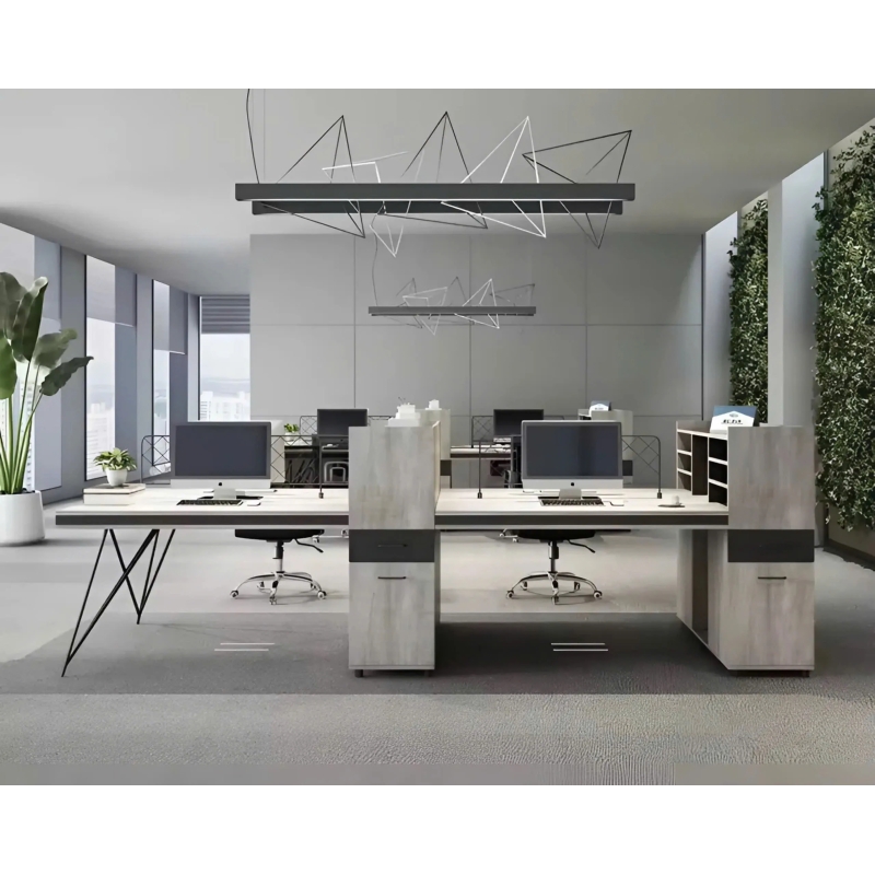 Bàn Làm Việc Chân Sắt 4 Người Liền Tủ Kệ