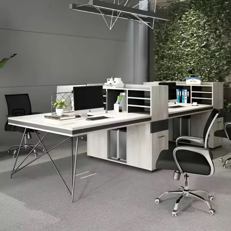 Bàn Làm Việc Chân Sắt 4 Người Liền Tủ Kệ
