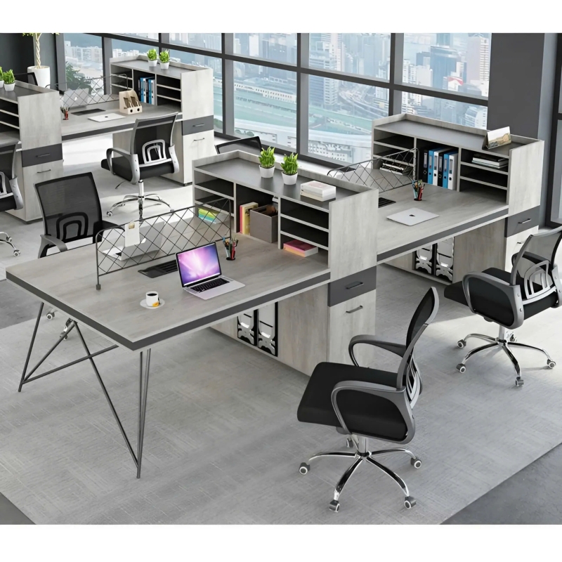 Bàn Làm Việc Chân Sắt 4 Người Liền Tủ Kệ