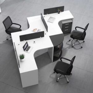 Cụm bàn làm việc 3 người liền kệ uốn góc