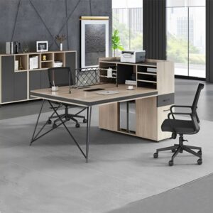 Cụm bàn làm việc 2 chỗ chân sắt chéo có tủ phụ và kệ lưu trữ