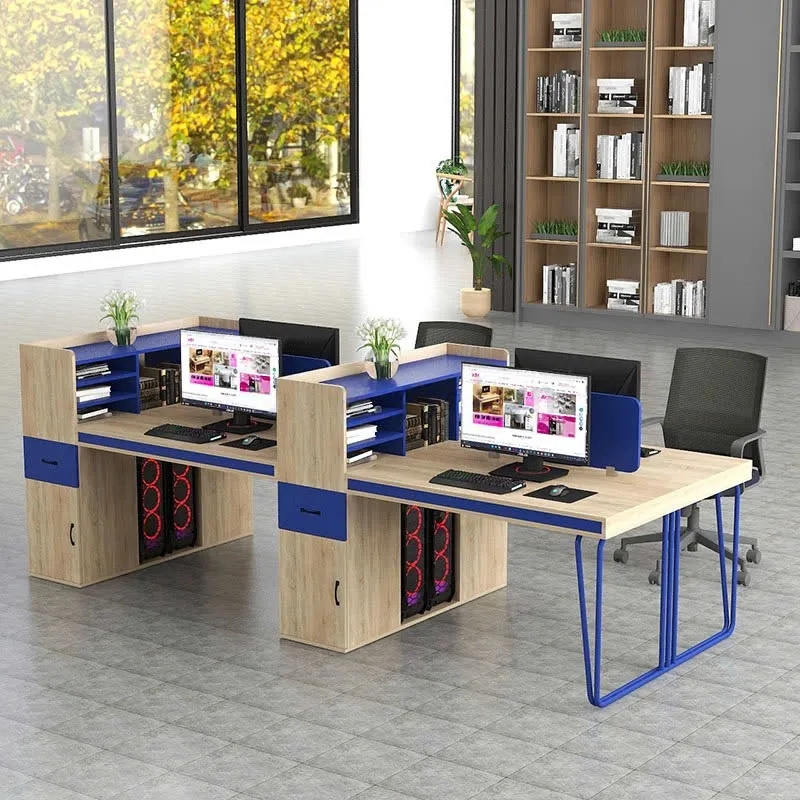 Cụm 4 người bàn làm việc phối màu xanh cho văn phòng trẻ