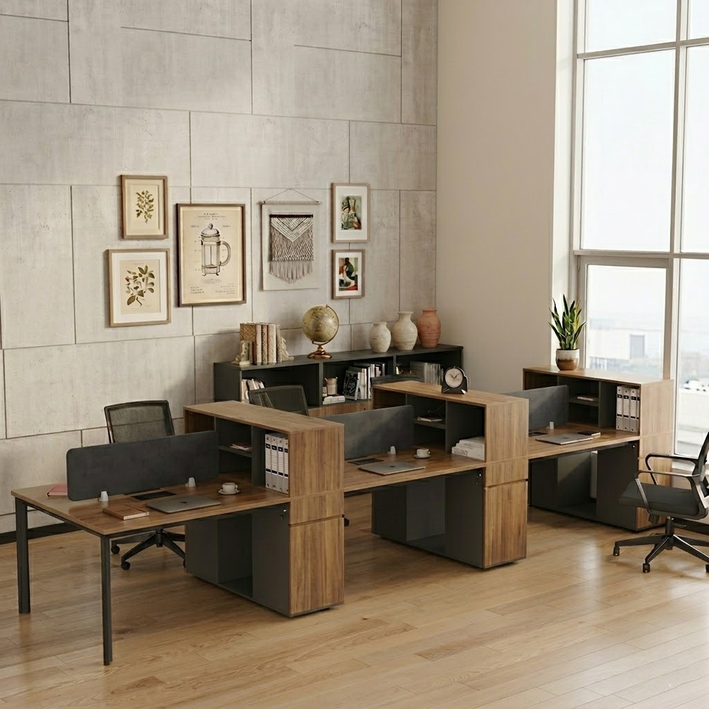 Bàn văn phòng 6 người liền tủ kệ