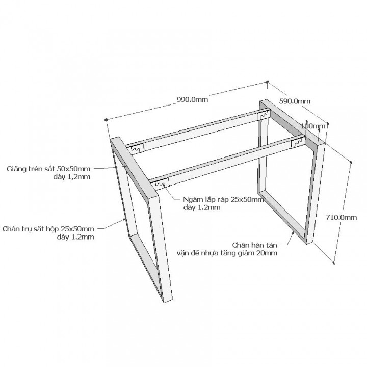 Chân bàn văn phòng 100x60 sắt 25x50 lắp ráp