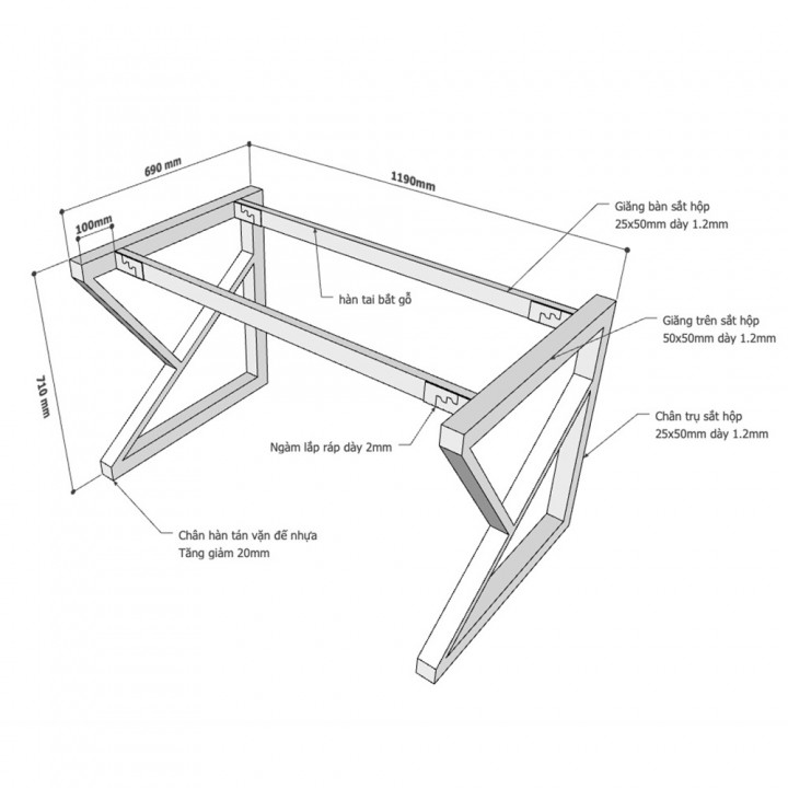 Chân bàn hệ KConcept 120x70 lắp ráp