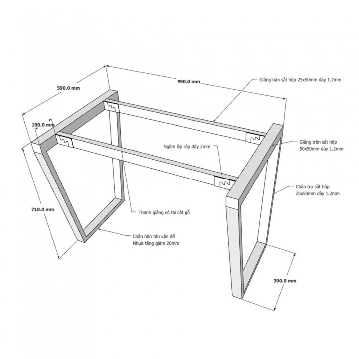Chân bàn 60x100cm hệ Trapez Concept lắp ráp
