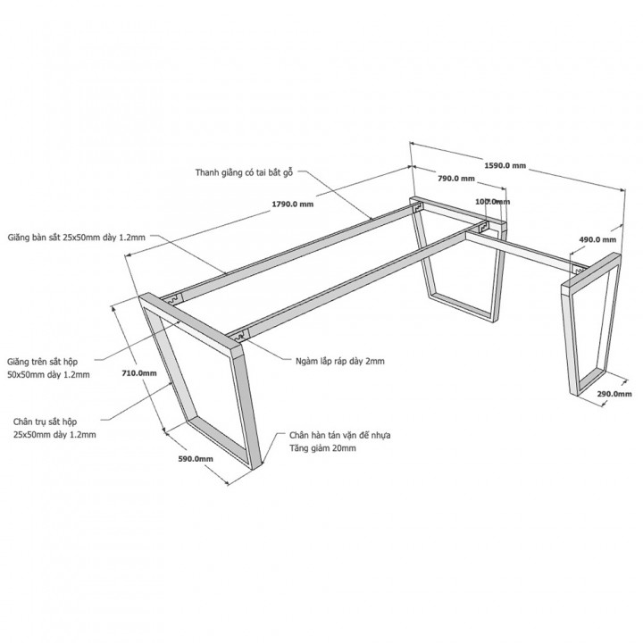Chân bàn chữ L 160x180 hệ Trapez Concept lắp ráp