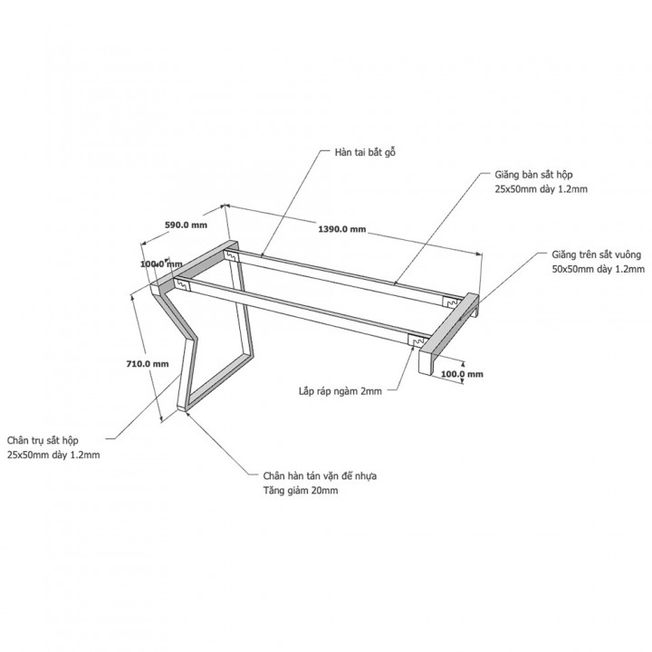 Chân bàn chữ L gác tủ 140x60 hệ MConcept lắp ráp