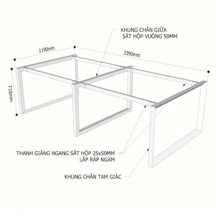 Chân bàn cụm 4 240x120cm chân sắt tam giác hệ Trian II