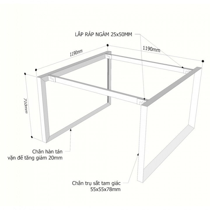 Chân sắt tam giác cho bàn cụm 2 120x120cm hệ Trian II